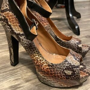 Charlotte Russe Brown Snake-Print Peep-Toe Platform Heels